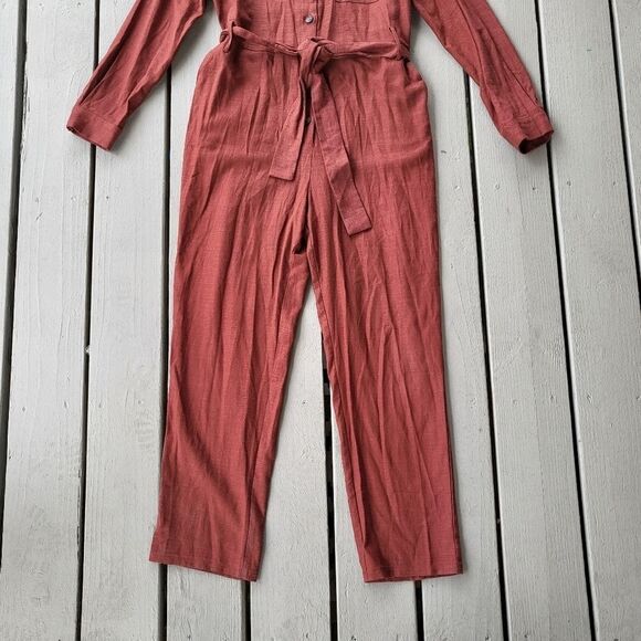 Six Crisp Days Rust 3/4 Sleeve Button Down Belted Linen Blend Doma Jumpsuit Sz M - Picture 3 of 10